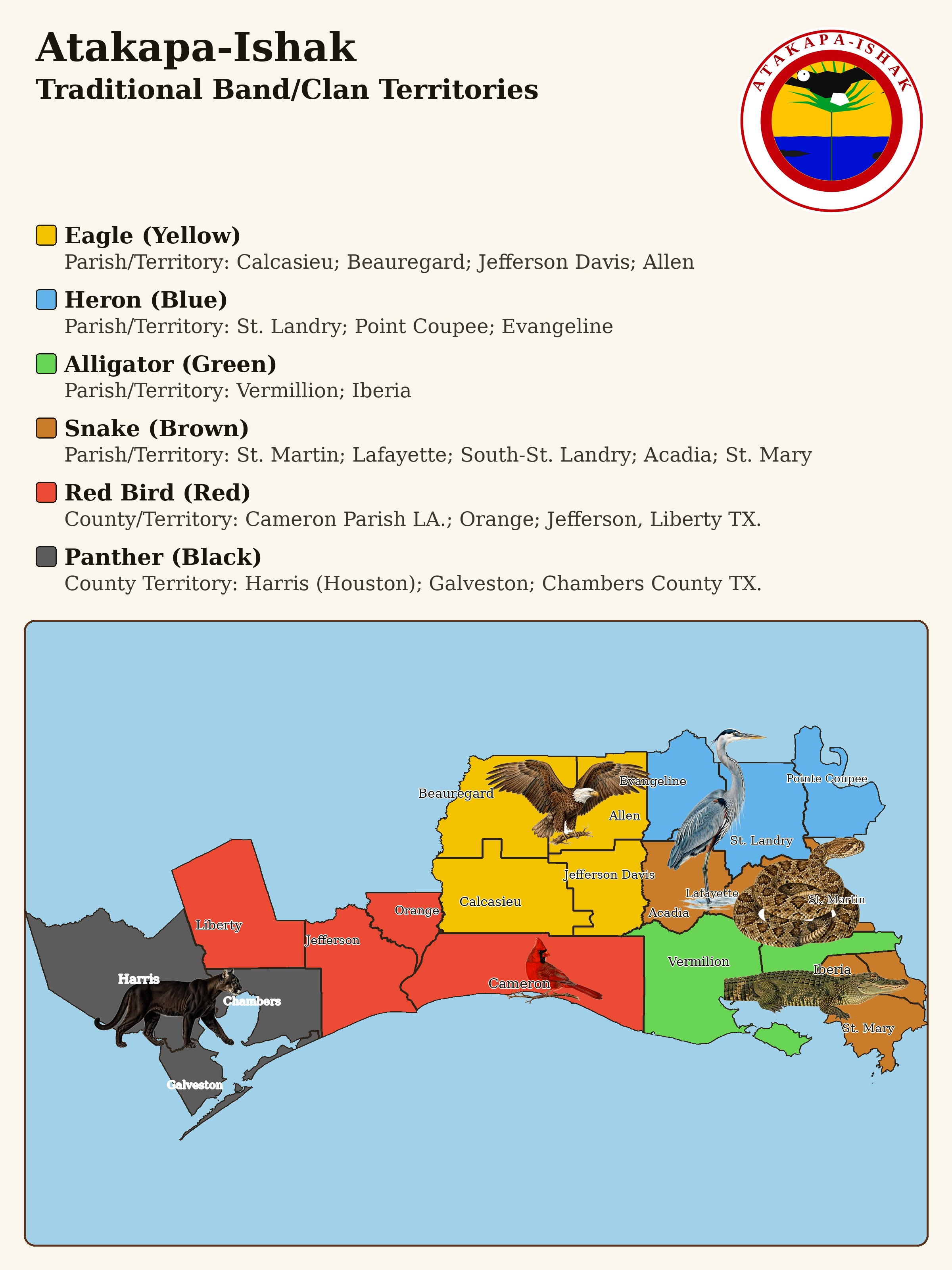 Map of Atakapa-Ishak traditional band and clan territories